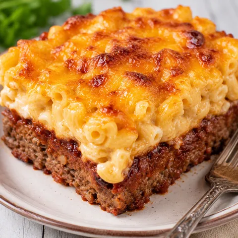 Baked mac and cheese meatloaf casserole with golden cheese and layered meat base