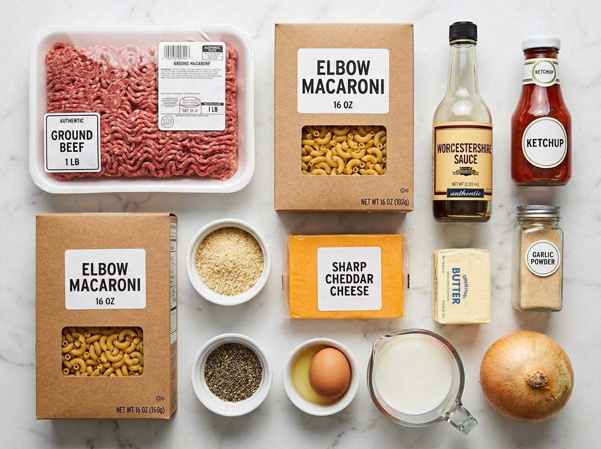 Raw ingredients for mac and cheese meatloaf casserole on a wooden board