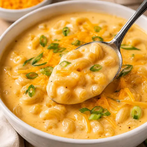 Mac and Cheese Soup with cheddar and green onions in a white bowl