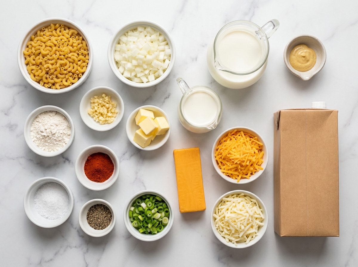 Ingredients for Mac and Cheese Soup with macaroni, cheddar, milk, and onions
