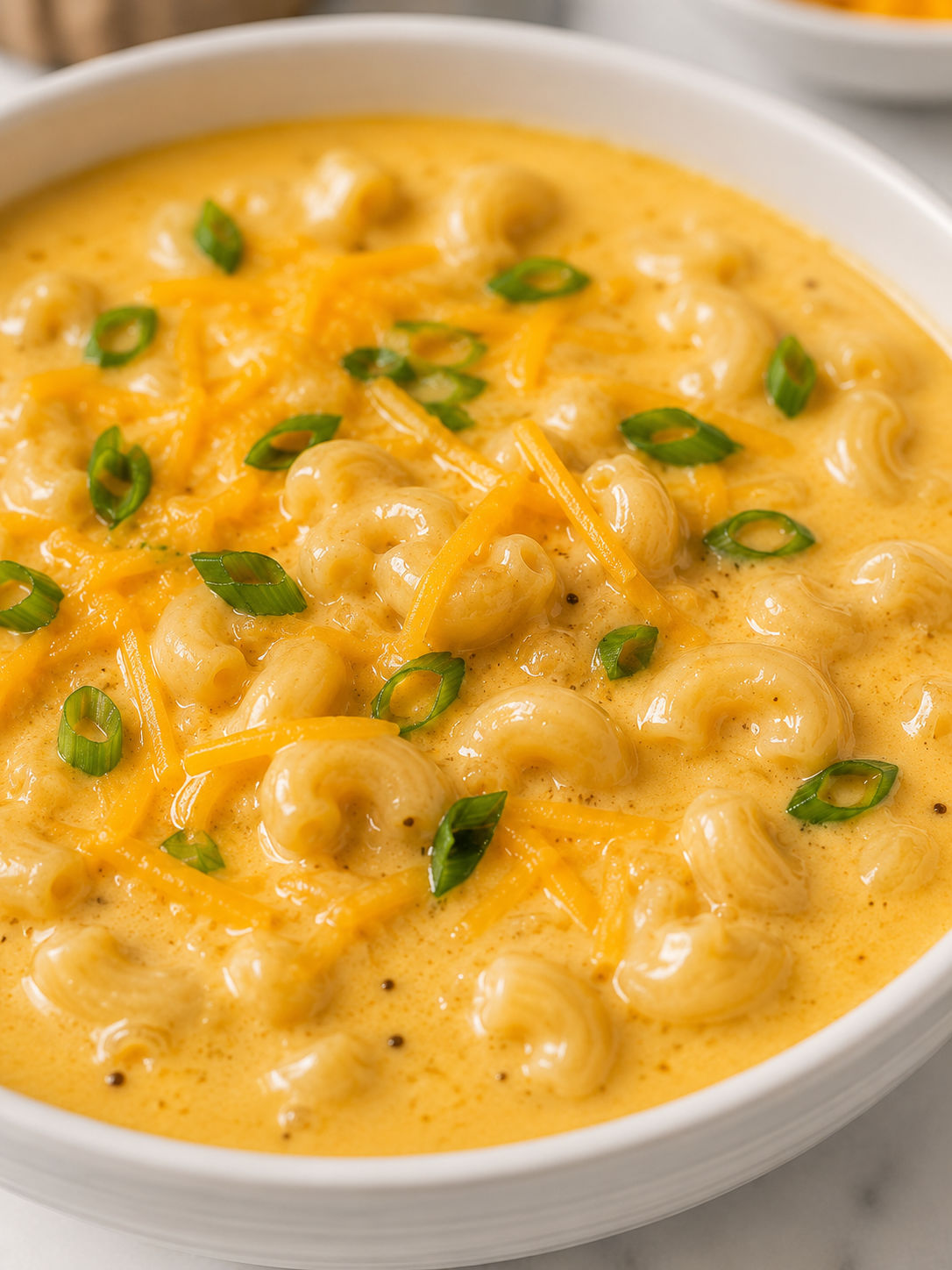 Mac and Cheese Soup, plated and served