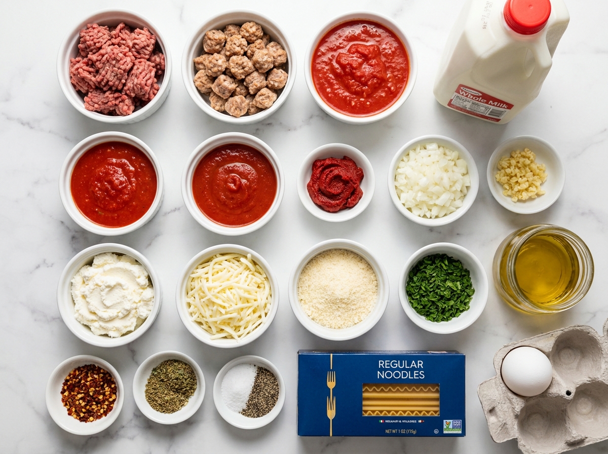 Ingredients for Maggiano's style lasagna with noodles, meat, tomato sauce, and cheeses