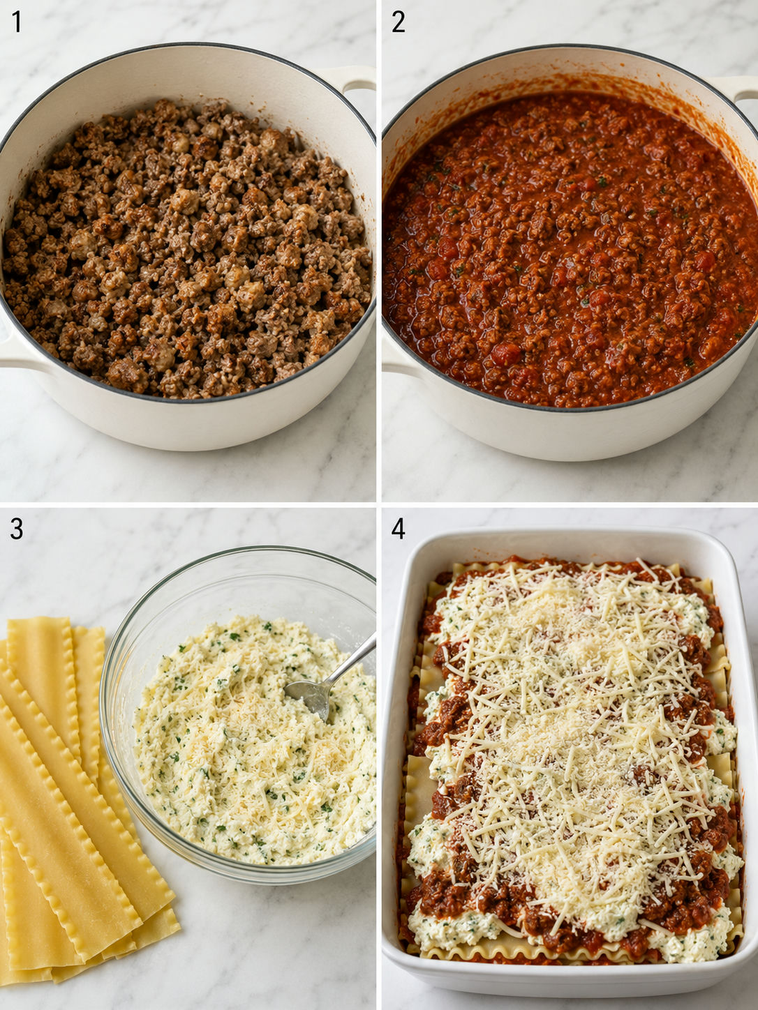 Four steps for making Maggiano's style lasagna from sauce to layering