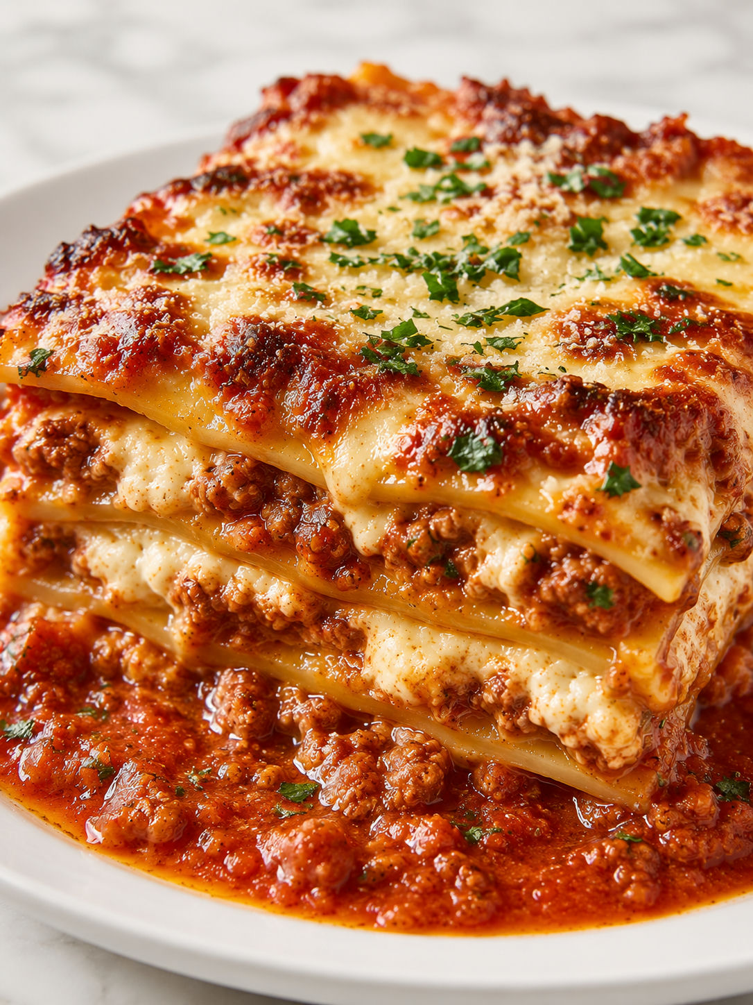 Tall saucy slice of Maggiano's style lasagna with melted mozzarella and parsley