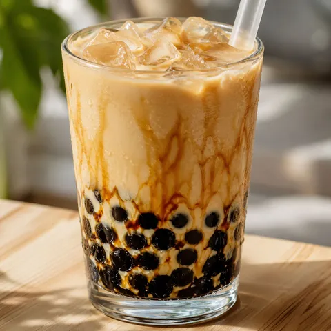 Brown sugar bubble tea with tapioca pearls and ice in a clear glass