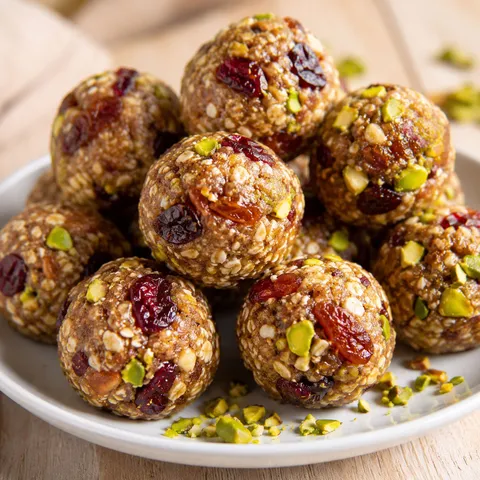 Cranberry pistachio energy bites on a white plate with chopped pistachios