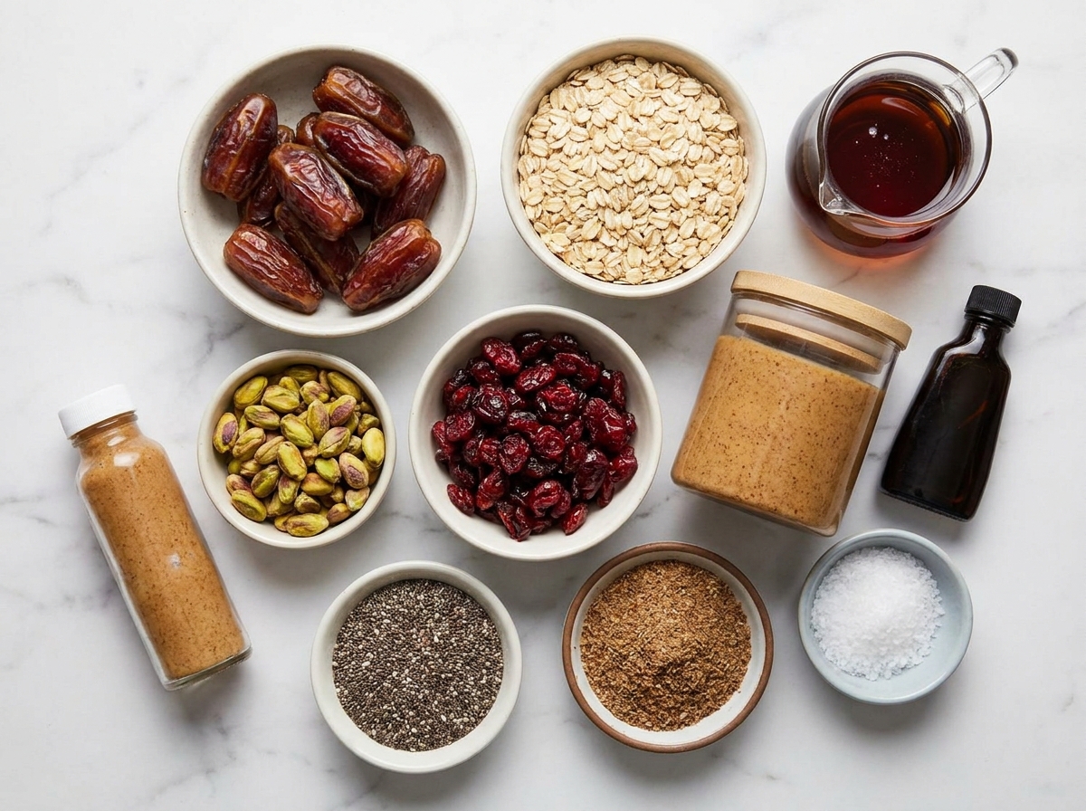 Ingredients for cranberry pistachio energy bites on a pale wood counter