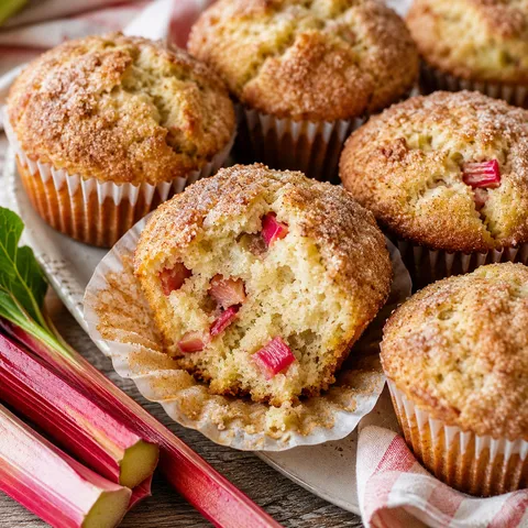 Tender rhubarb muffins with cinnamon sugar tops and pink fruit pieces