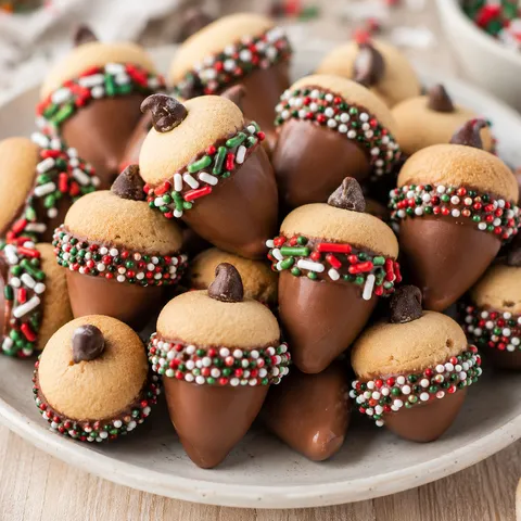 Festive chocolate candy acorns with sprinkle caps on a white ceramic plate