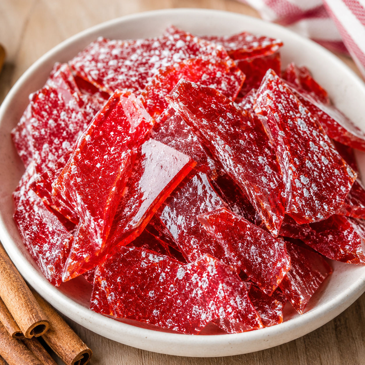 Ruby-red spicy cinnamon hard candy shards in a white bowl