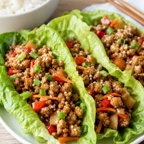 Teriyaki turkey lettuce wraps with green onions and sesame seeds