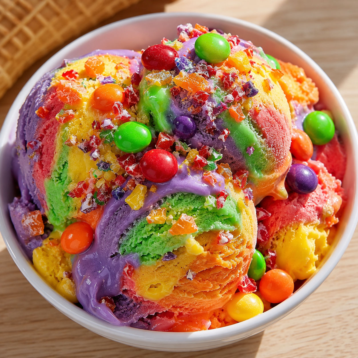 Rainbow Skittles ice cream scoops with candy pieces in a white bowl