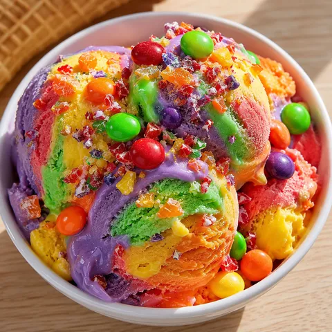Rainbow Skittles ice cream scoops with candy pieces in a white bowl