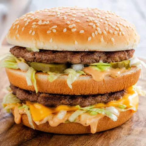 Homemade Big Mac with double beef patties, lettuce, cheese, pickles, and sauce