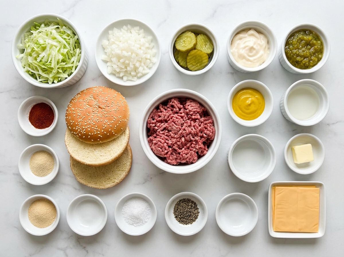 Ingredients for homemade Big Macs with beef, buns, lettuce, pickles, cheese, and sauce
