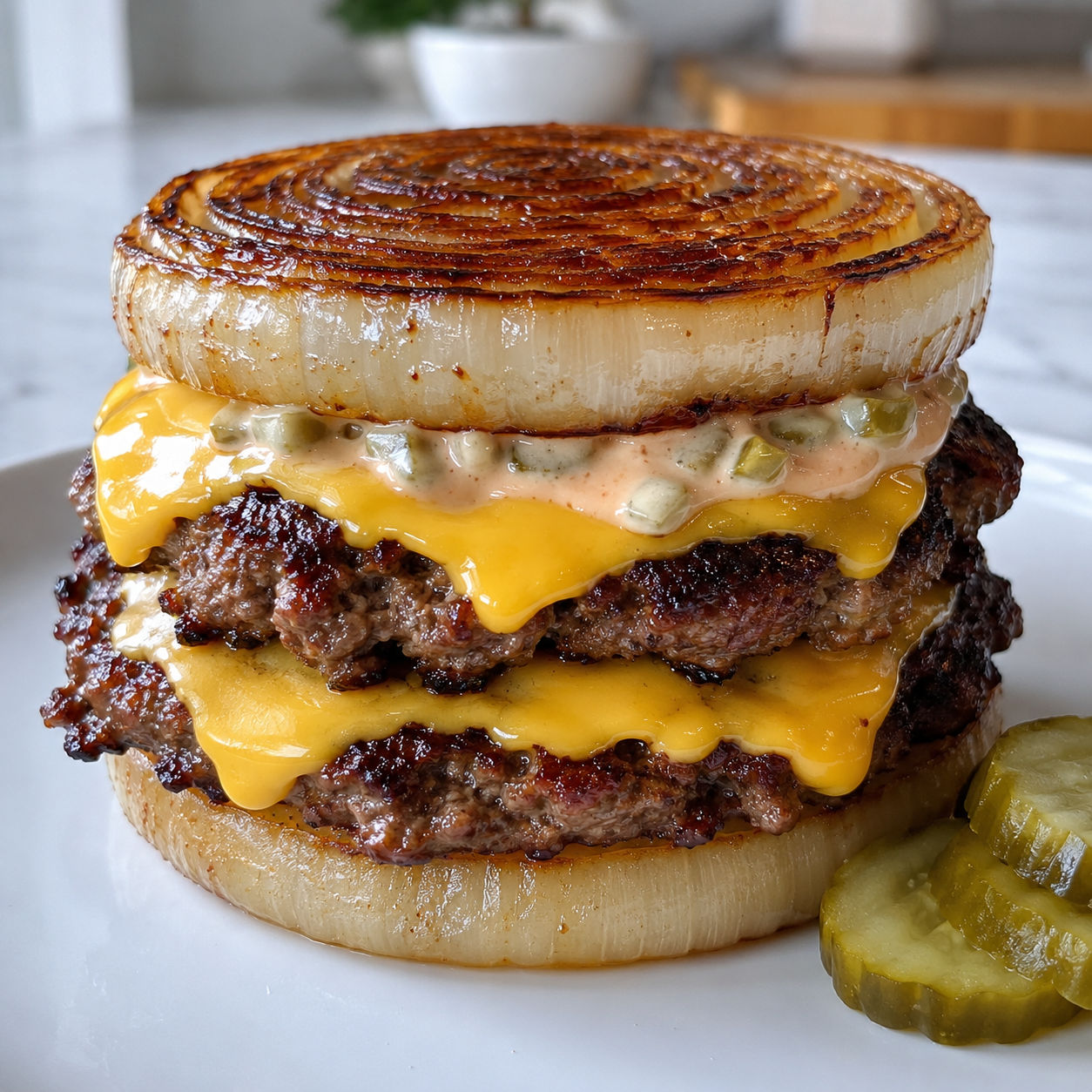 Onion-wrapped burger with melted cheese and browned onion buns