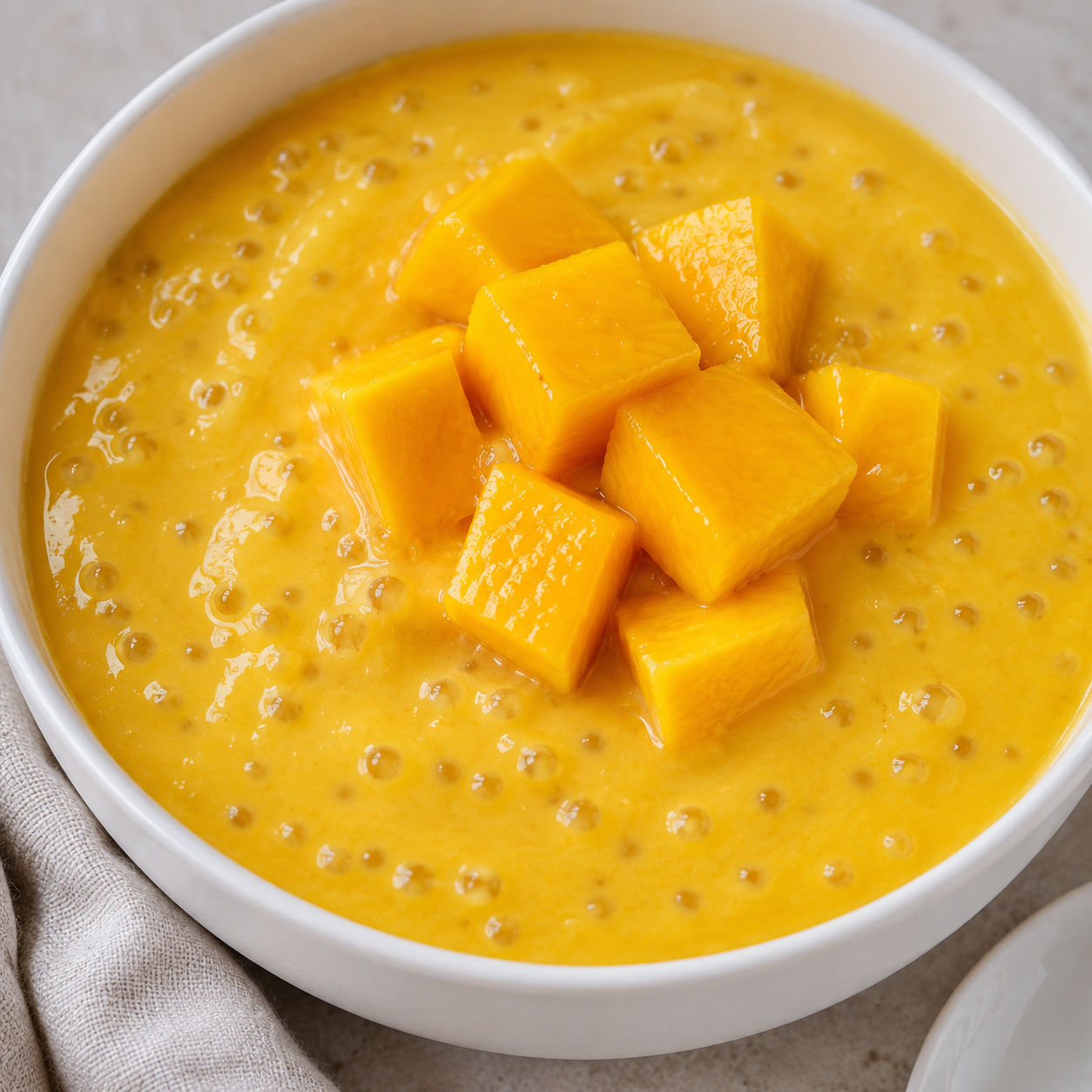 Mango Sago with tapioca pearls and mango cubes in a white bowl