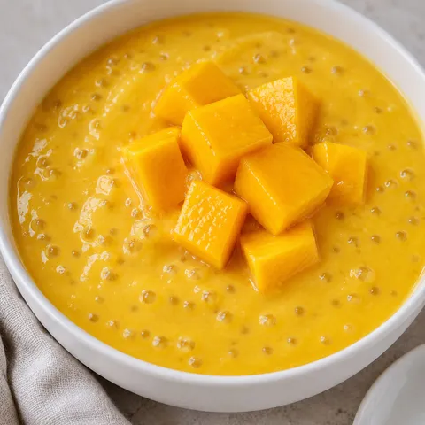Mango Sago with tapioca pearls and mango cubes in a white bowl