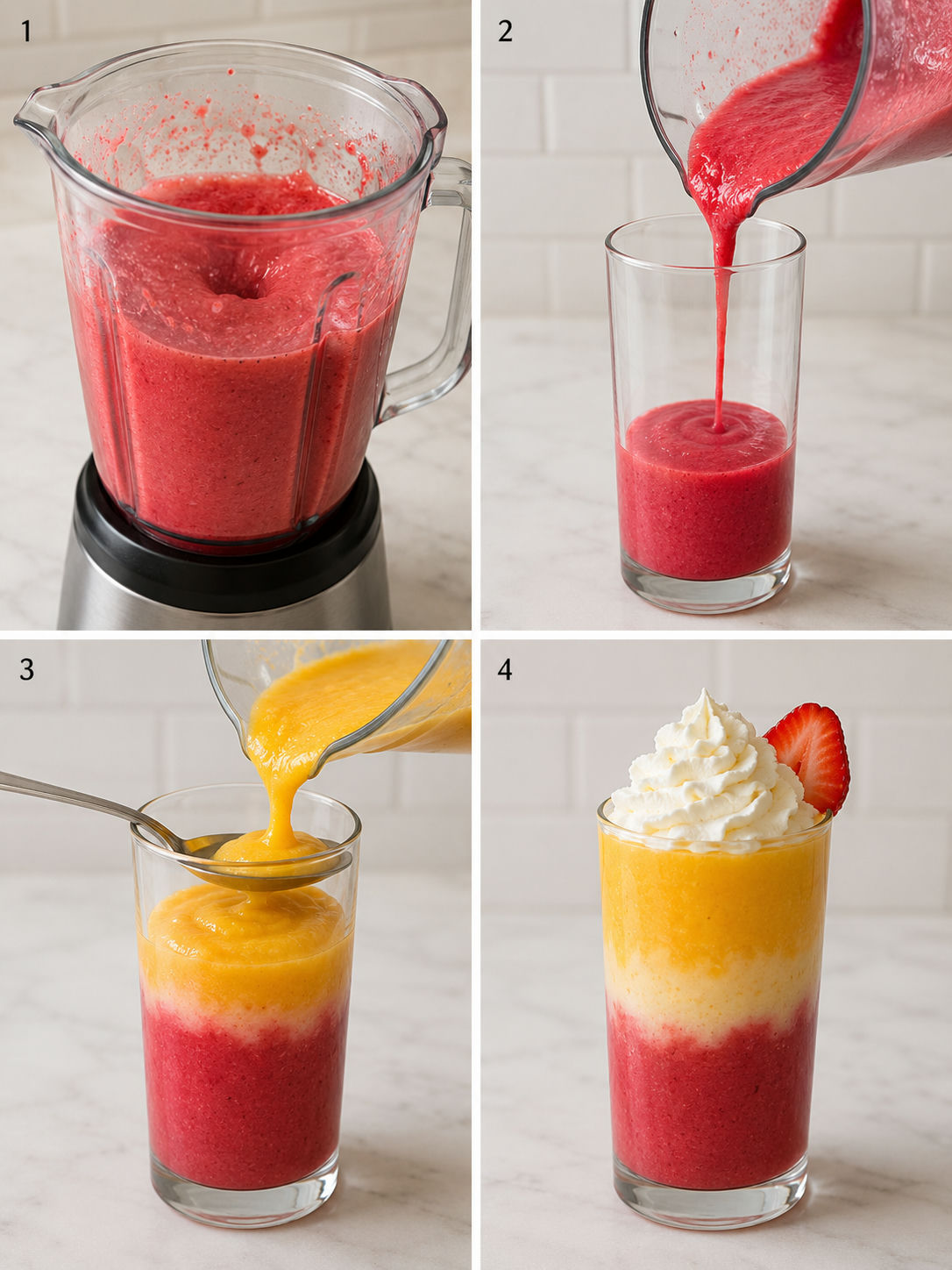 Four steps of building a mango strawberry sunrise frappuccino from blending to layering