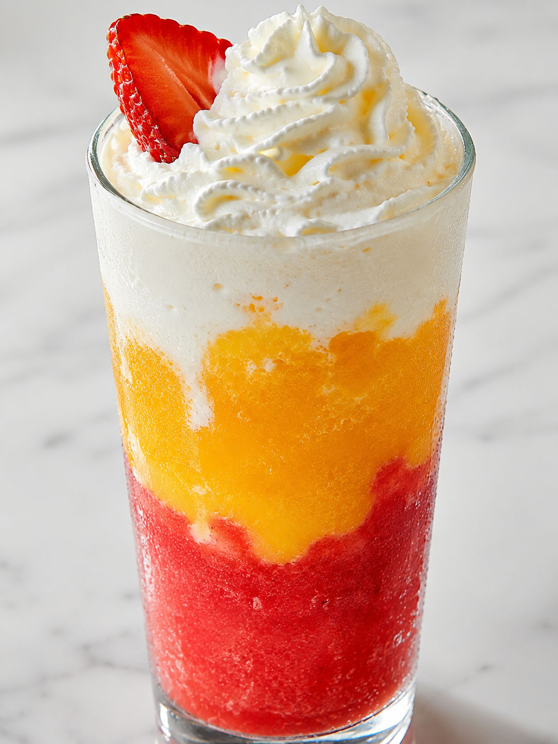 Three-layer mango strawberry sunrise frappuccino in a tall glass with whipped cream