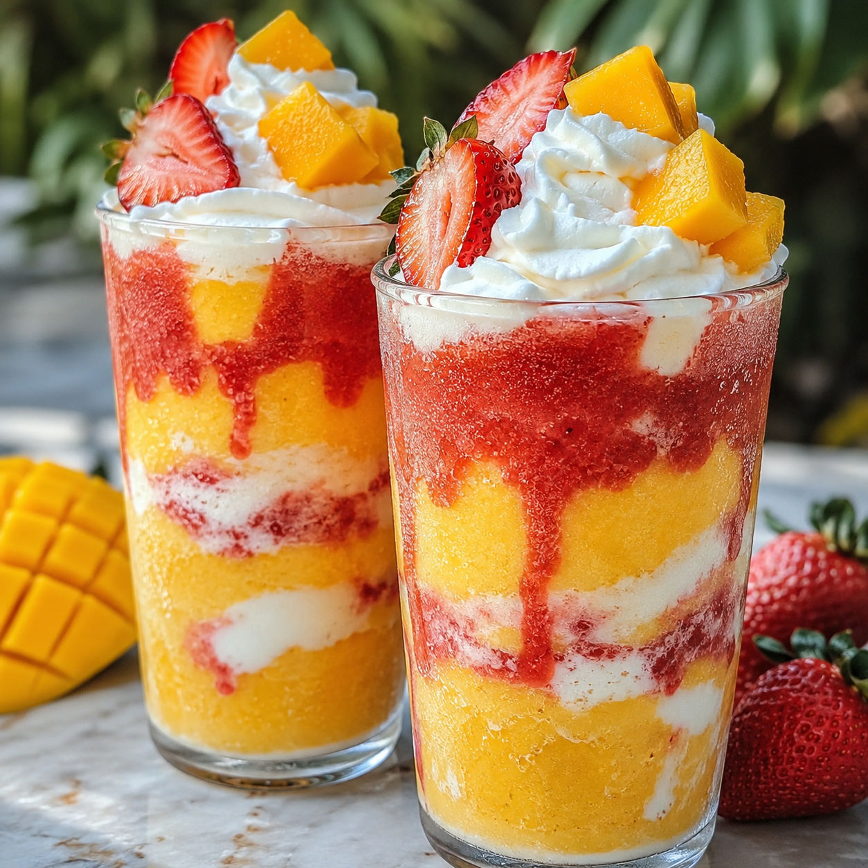 Layered mango strawberry sunrise frappuccinos with whipped cream and fruit