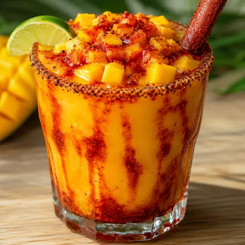 Mangonada mocktail with mango, chamoy streaks, Tajin rim, and lime