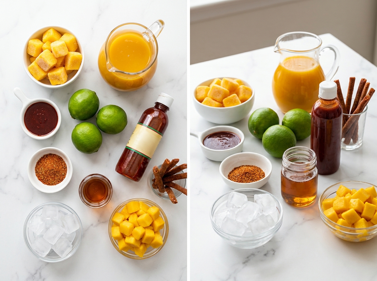 Mango, chamoy, Tajin, lime, ice, and tamarind straws for mangonadas