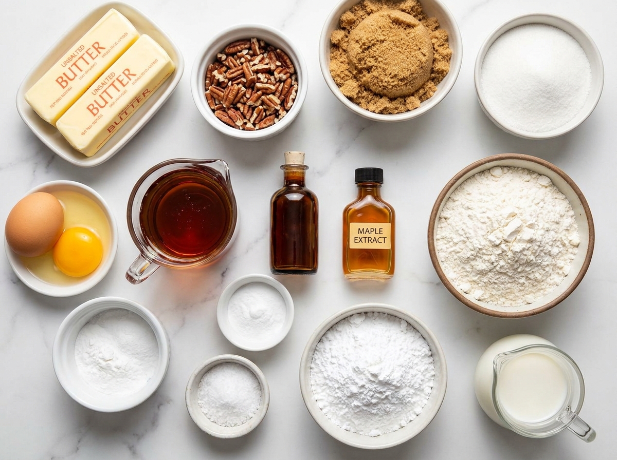 Ingredients for maple frosted butter pecan cookies on a wood counter