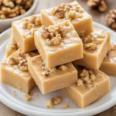 Maple Fudge squares with walnuts on a white ceramic plate