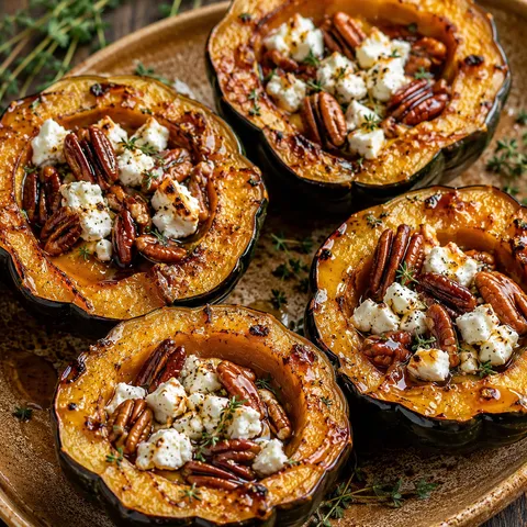 Maple pecan goat cheese roasted acorn squash on a ceramic platter