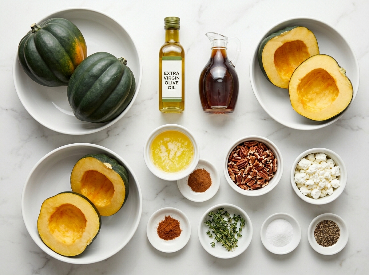 Ingredients for maple pecan goat cheese roasted acorn squash on wood