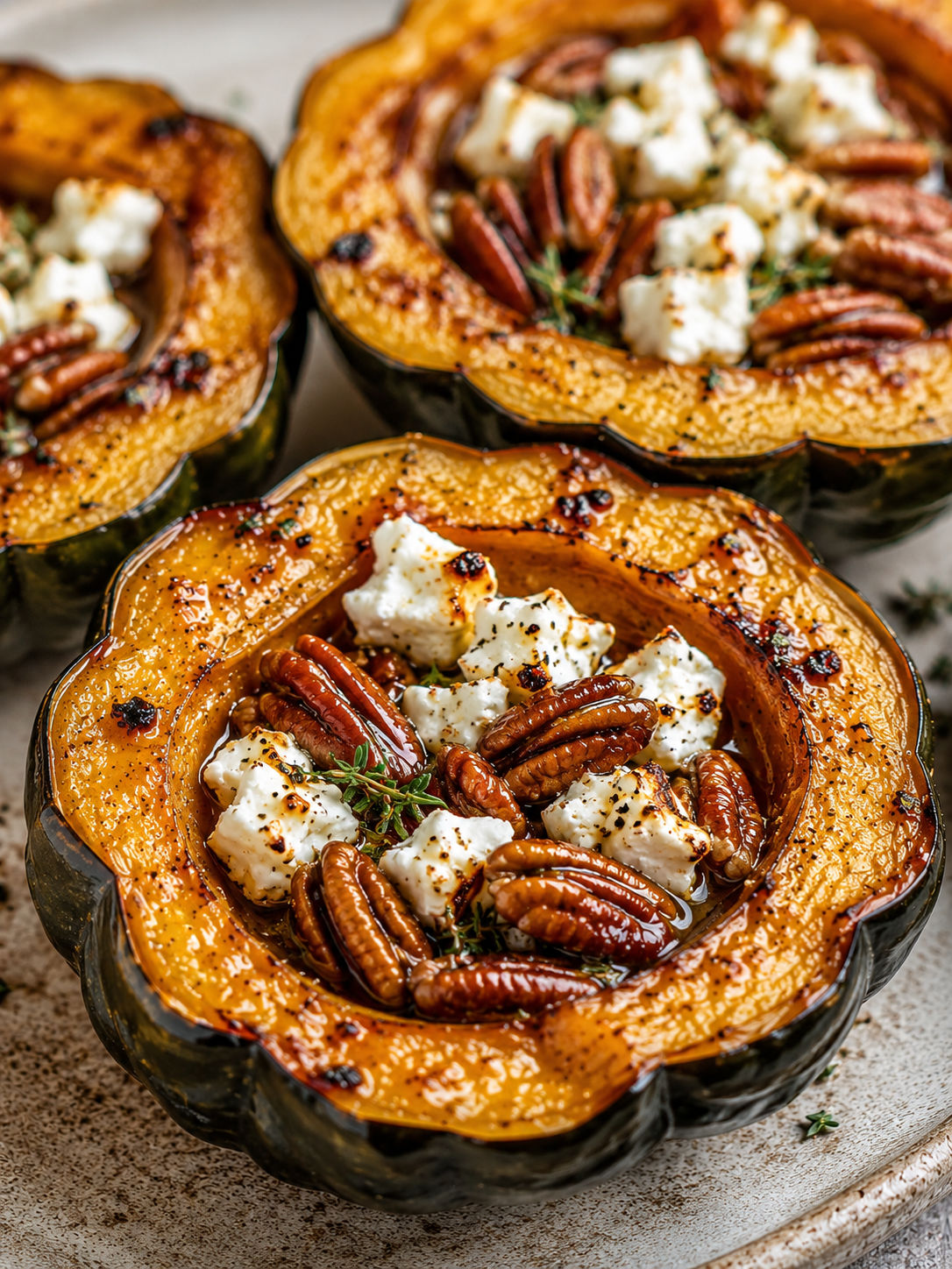 Maple Pecan Goat Cheese Roasted Acorn Squash, plated and served
