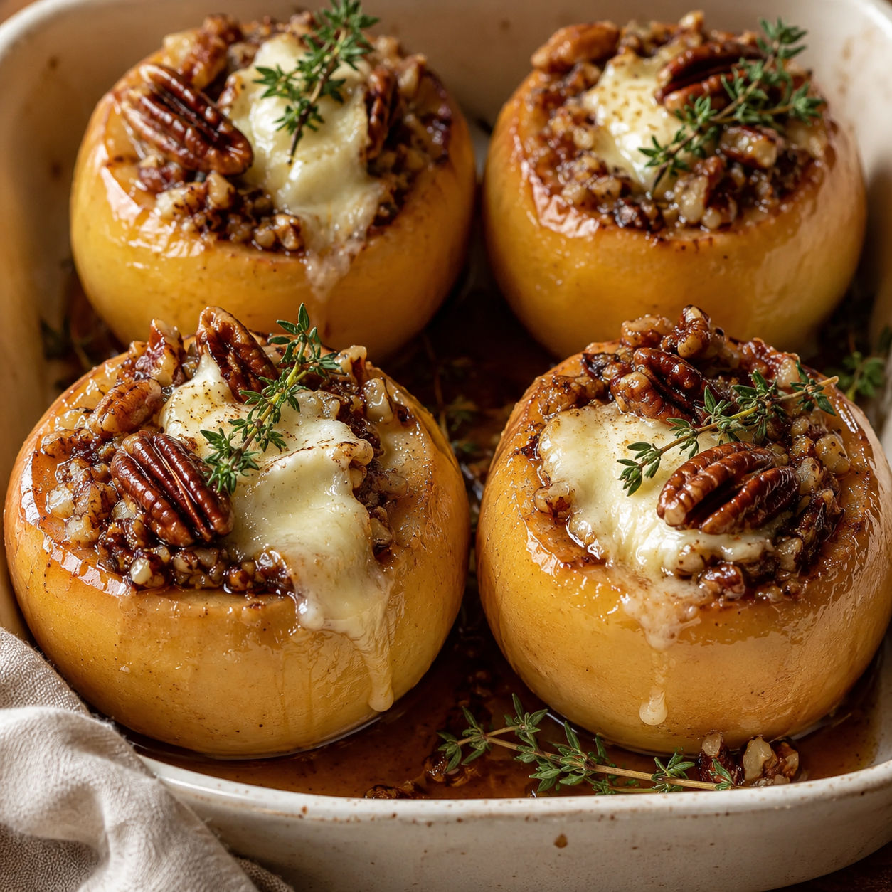Maple pecan brie stuffed apples with thyme in a ceramic dish