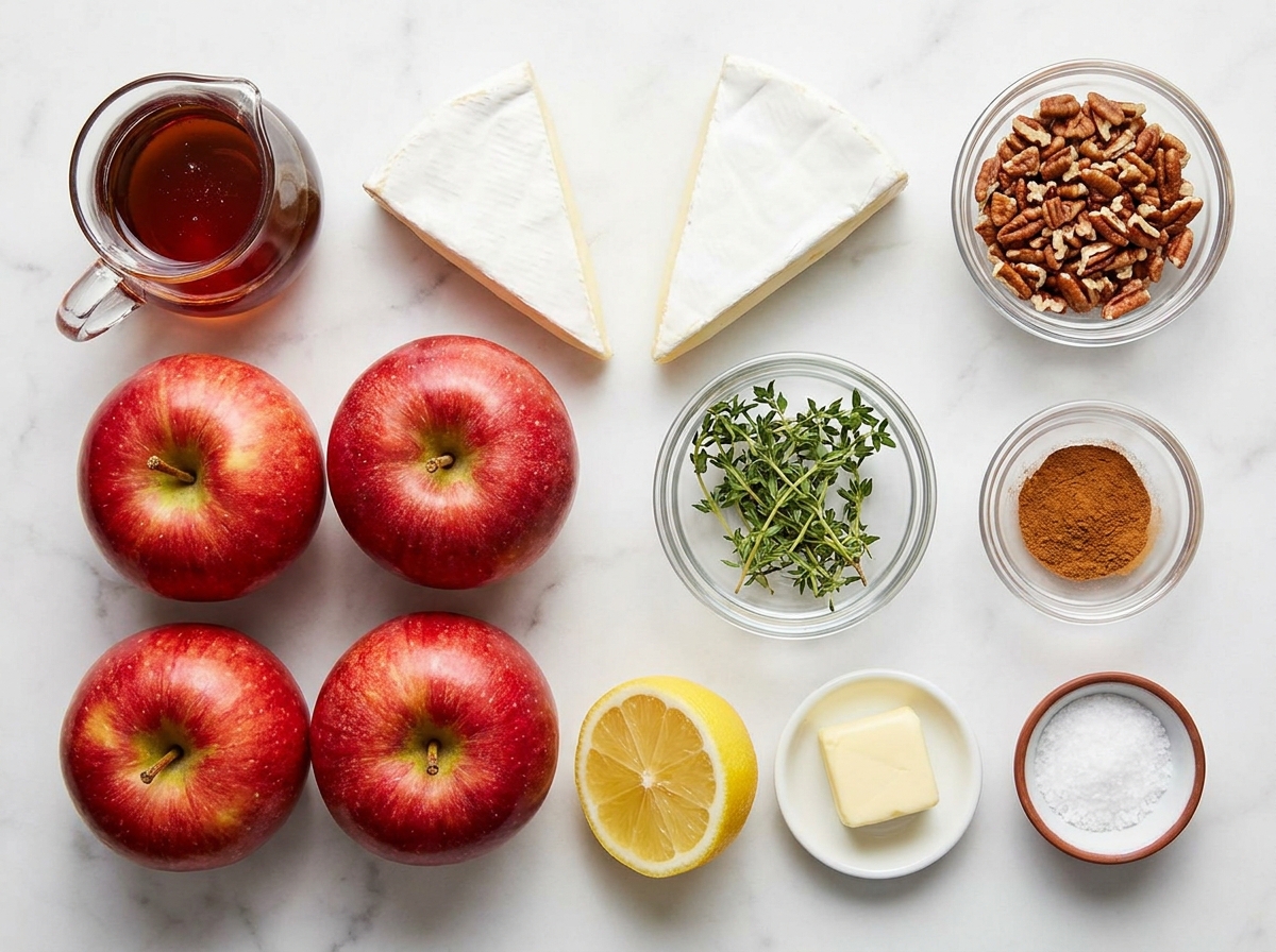 Apples, brie, pecans, maple syrup, thyme, cinnamon, lemon, and butter