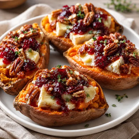 Brie stuffed sweet potatoes with maple pecans and cranberry glaze