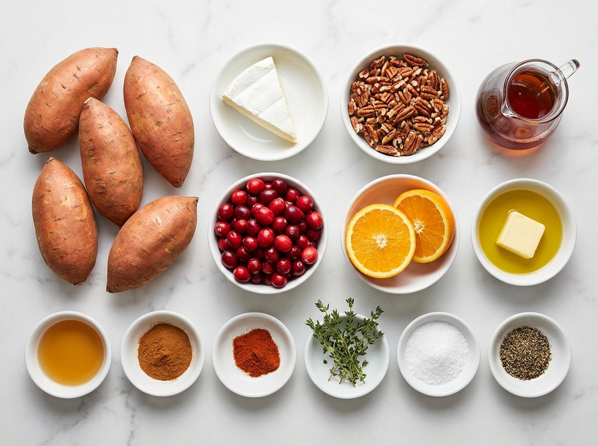 Ingredients for brie stuffed sweet potatoes with cranberries and pecans