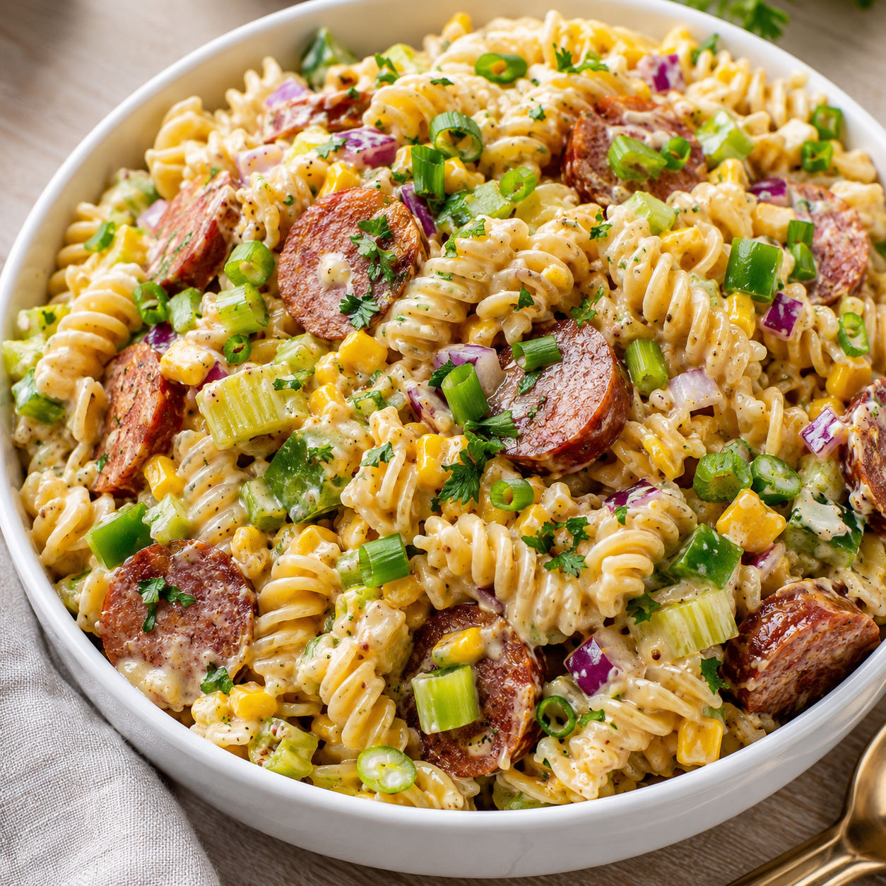 Mardi Gras pasta salad with andouille, peppers, corn, and parsley