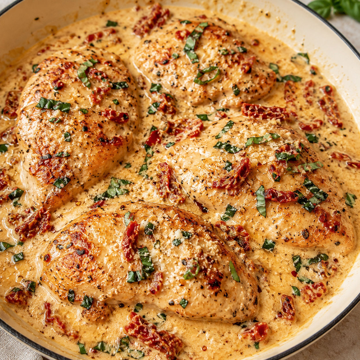 Marry Me Chicken in creamy Parmesan sauce with sun-dried tomatoes and basil