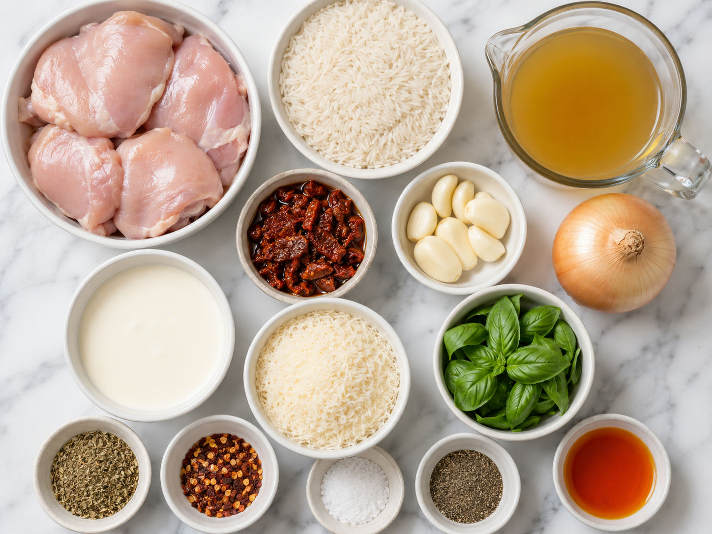 Ingredients for Marry Me Chicken and Rice on a kitchen counter