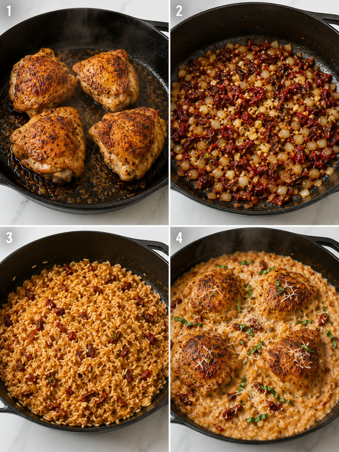 Four cooking steps for Marry Me Chicken and Rice in a skillet