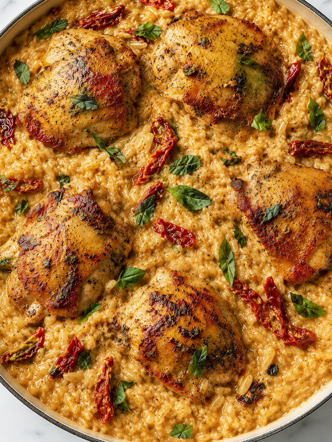 Top-down skillet of Marry Me Chicken and Rice with basil