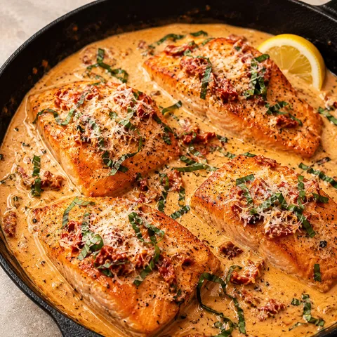 Marry Me Salmon in sun-dried tomato cream sauce with basil
