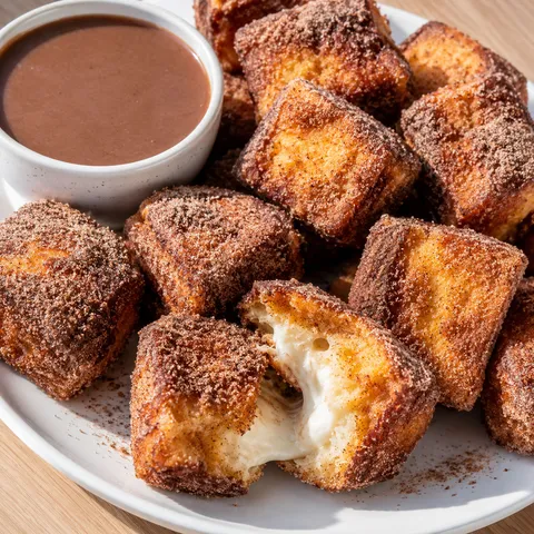 Marshmallow hot chocolate French toast bites with cocoa sugar and dip