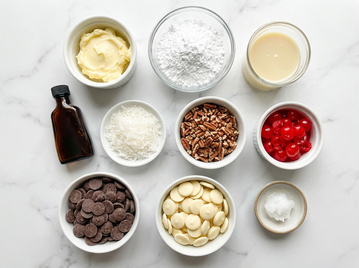 Ingredients for Martha Washington Candies with coconut, pecans, cherries, and chocolate
