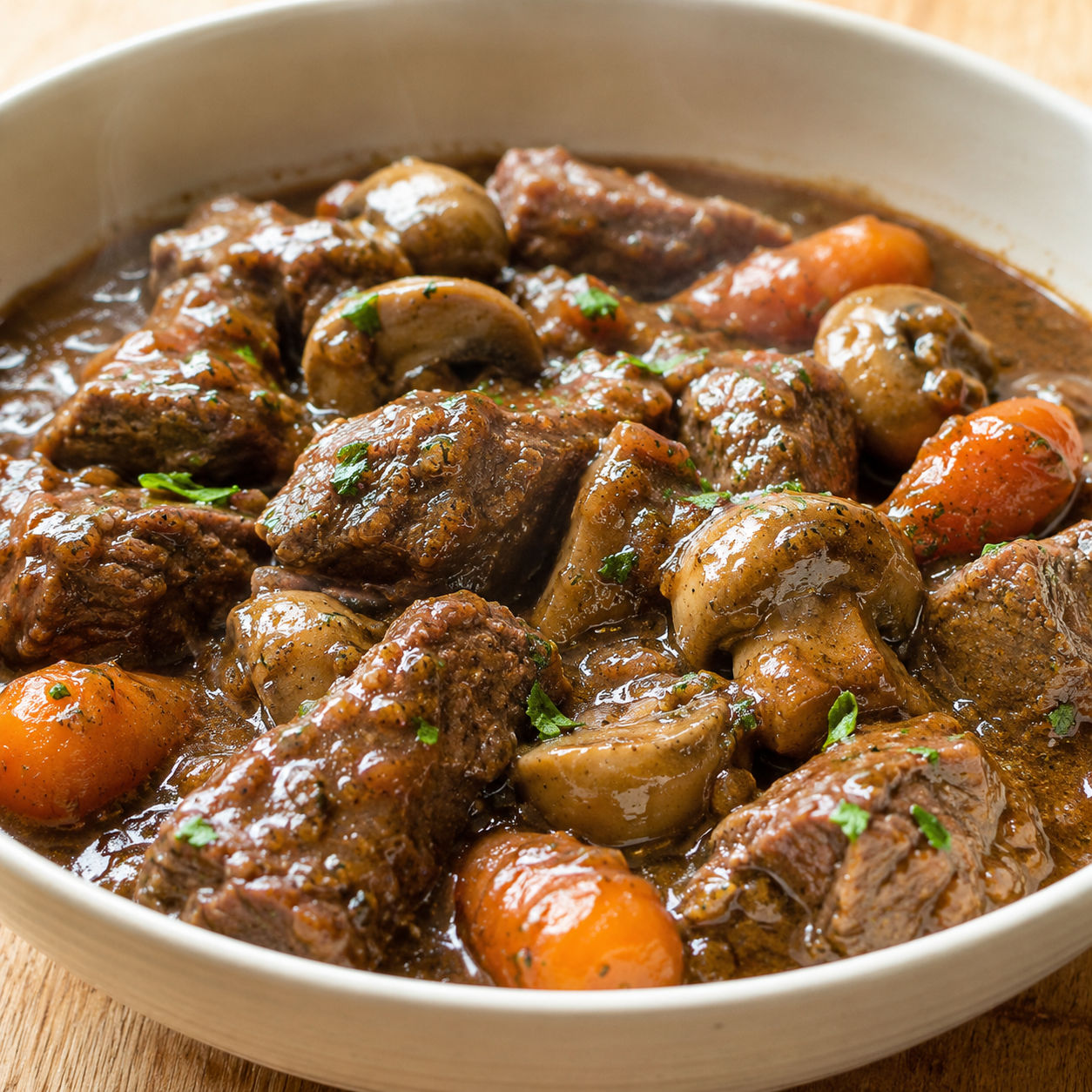 Beef casserole with carrots, mushrooms, parsley, and glossy brown gravy