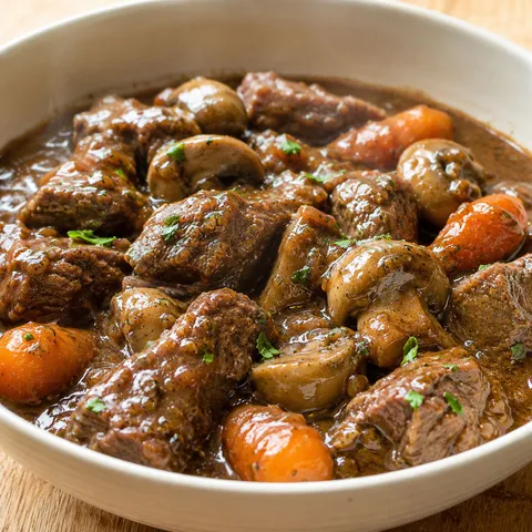 Beef casserole with carrots, mushrooms, parsley, and glossy brown gravy