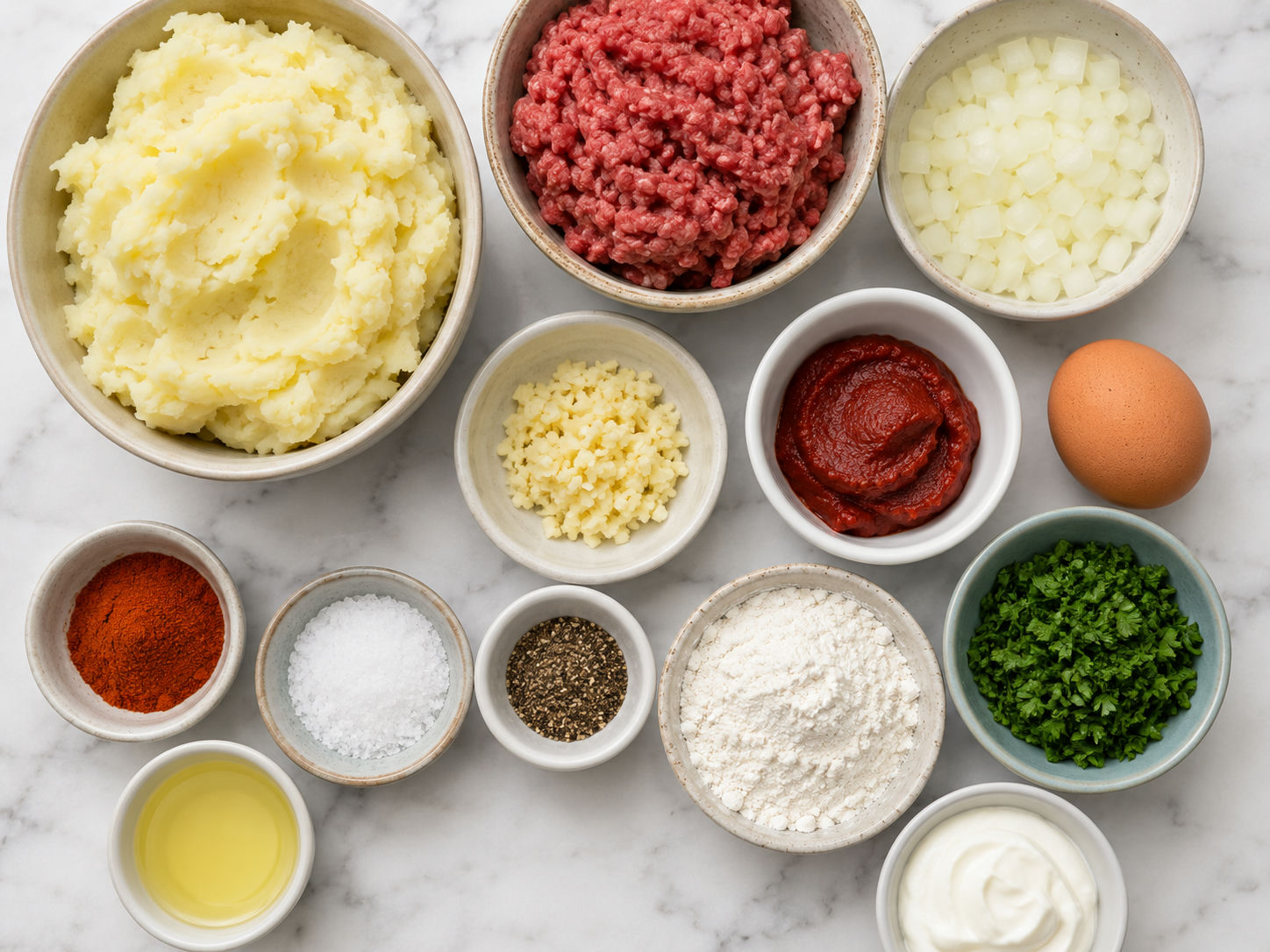 Ingredients for stuffed mashed potato pancakes with ground beef and parsley