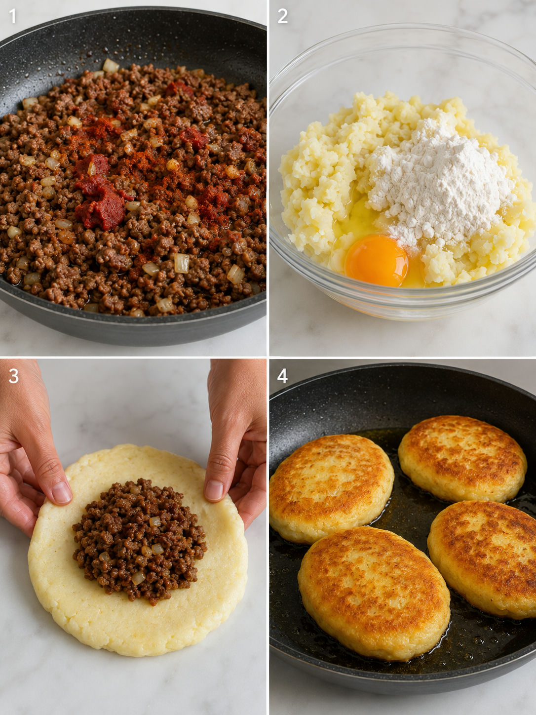 Four cooking steps for ground beef stuffed mashed potato pancakes