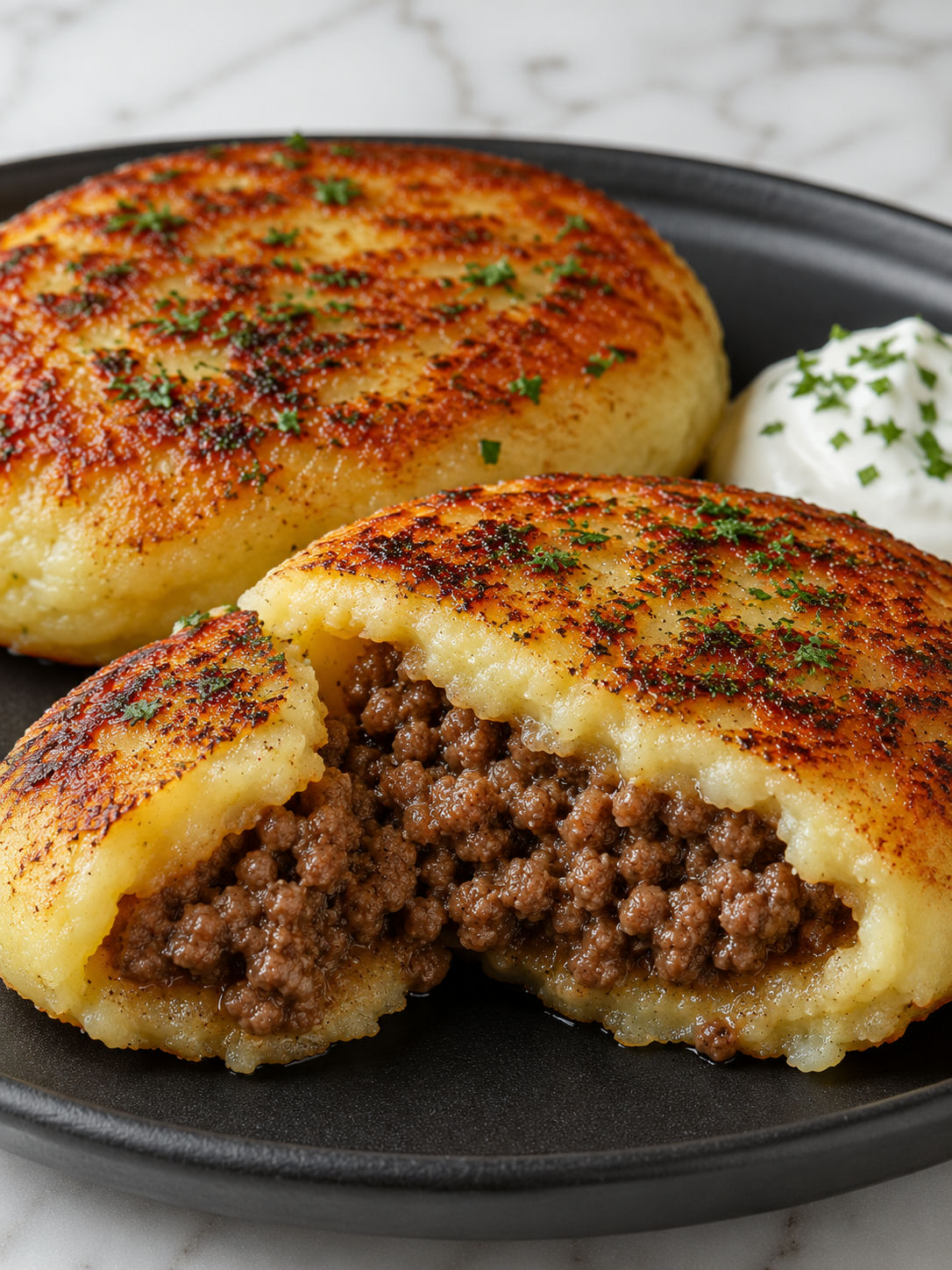 Golden mashed potato pancakes split open with savory ground beef filling