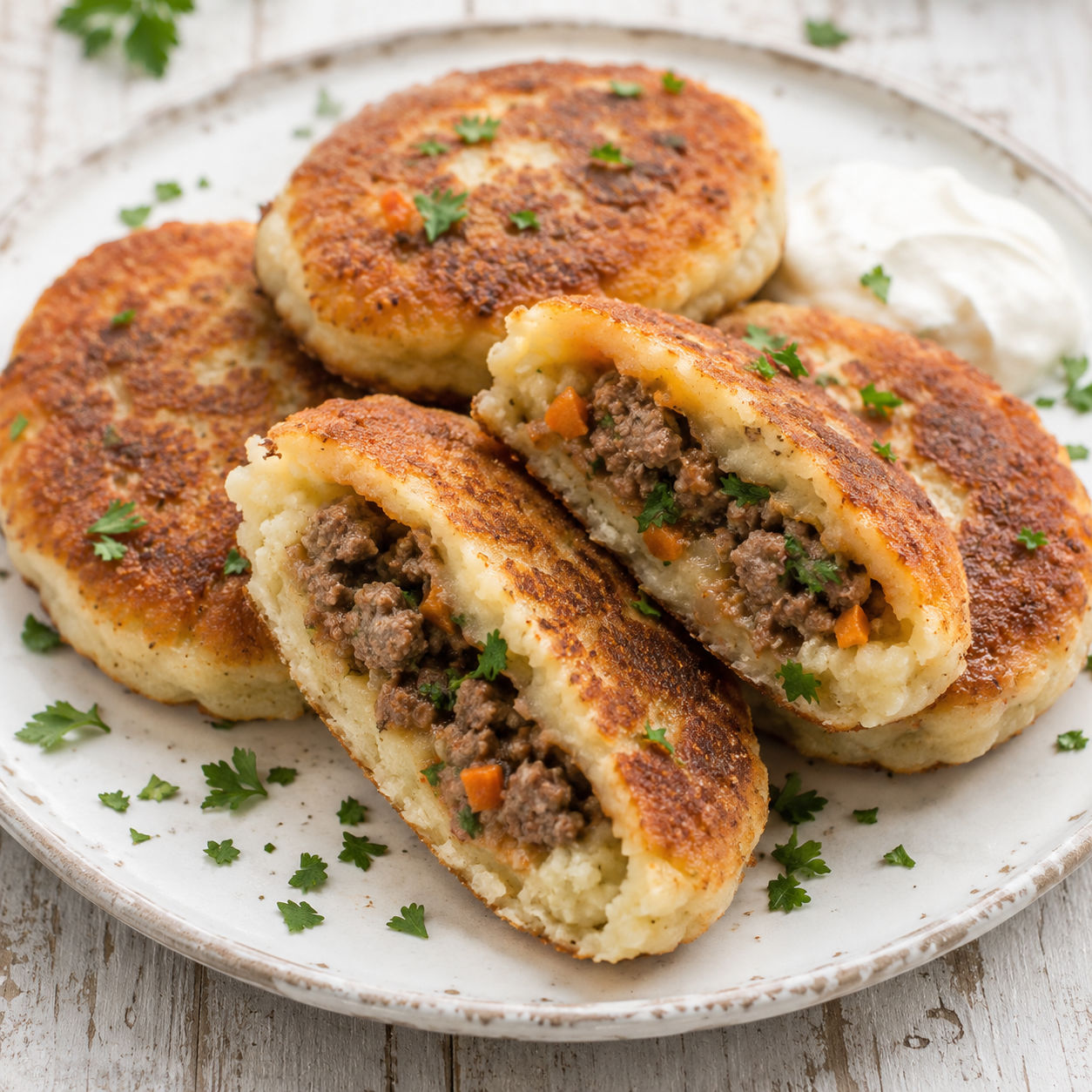 Golden stuffed mashed potato pancakes with beef filling and sour cream